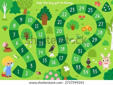 Easter holiday board game for children with forest scene and boy with basket going to bunny. Boardgame with trees, birds, animals, woodland nature. Spring printable activity, worksheet
