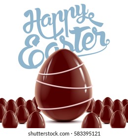 Easter holiday bright postcard with lot of decorated chocolate eggs isolated on white background, vector realistic illustration with greeting lettering