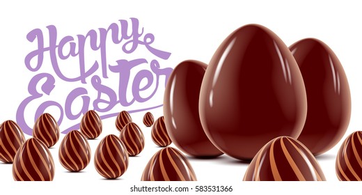 Easter holiday bright postcard with lot of decorated chocolate eggs isolated on white background, vector realistic illustration with greeting lettering