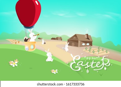 Easter holiday, bunny cartoon village, egg hunt poster calligraphy, landscape sky scene, tale story vector background illustration