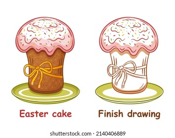 Easter Holiday Cake Children Coloring Book Page, Finish Drawing. Sweet Glaze Christian Kulich Bread Pie. Cupcake Dessert Baking. Kid Colouring Picture. Preschool Education Game. Color Exercise. Vector