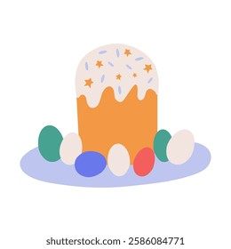 Easter holiday cake on a plate with colored eggs. Vector illustration, a design element for celebrating Easter.