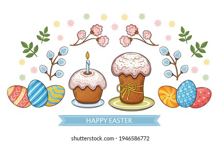 Easter holiday cakes and colored eggs. Tradition of decorating painted chicken eggshell. Traditional sacred bread food as symbol Christian religious celebration. Colorful greeting card. Cartoon vector