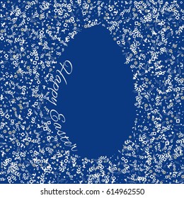 Easter holiday card with blue egg on  background with  scattered flowers, leafs and butterflies and greeting text.