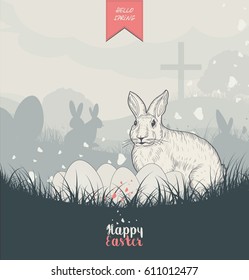 Easter Holiday Card With Bunny, Grass, Cross And Butterflies