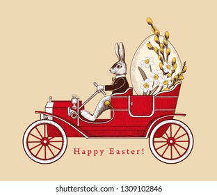 Easter Holiday Card. Easter bunny on a retro car carrying an Easter egg and a bouquet of flowers. Vintage vector illustration. Engraved design elements.