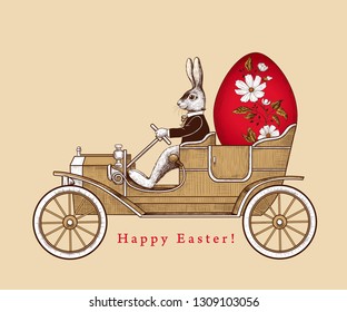 
Easter Holiday Card. 
Easter bunny on a retro car carrying an Easter 
egg . Vintage vector illustration. Engraved design elements.
