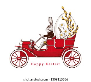 Easter Holiday Card  Easter bunny retro car carrying an Easter egg   bouquet flowers  Vintage vector illustration  Engraved design elements 