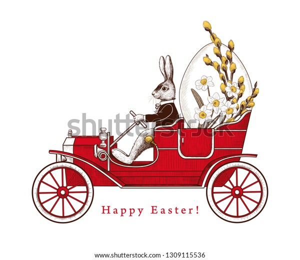 Easter Holiday Card. \
Easter\
bunny on a retro car carrying an Easter \
egg and a bouquet of\
flowers. Vintage vector illustration. Engraved design\
elements.