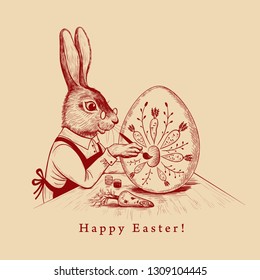 
Easter Holiday Card. Cute Easter Bunny paints an Easter egg. Vintage vector illustration. Engraved design elements.