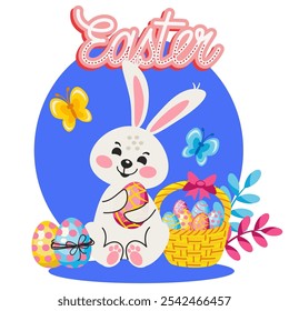 Easter holiday card with cute bunny and Easter eggs