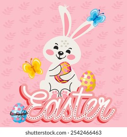 Easter holiday card with cute bunny and eggs