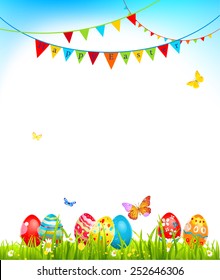 Easter holiday card with eggs on grass and flags. 
