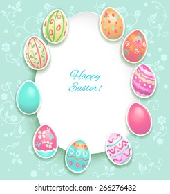 Easter holiday card with eggs on pastel spring background.