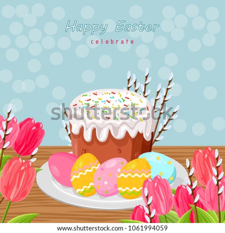 Easter holiday card with eggs and sweet bread Vector