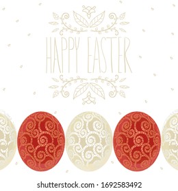 
Easter holiday card with five eggs, banner design with ornament color eggs. Easter invitation,  vector design, gift card design.