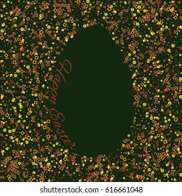 Easter holiday card with green egg on  background with  scattered flowers, leafs and butterflies and greeting text.