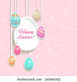 Easter holiday card with hung eggs. Place for text