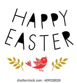 Easter holiday card. Leaves, bird hand drawn isolated on white background. Handwritten font, lettering