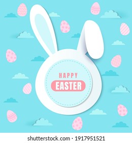 Easter holiday card with rabbit shap and colored eggs.