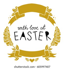 Easter holiday card. Ribbons, feathers, heart hand drawn isolated on white background. Hand written font, lettering