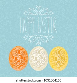 Easter holiday card with three eggs and floral pattern, banner design with ornament color eggs. Easter invitation,  vector design.