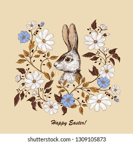 
Easter Holiday card in vintage style.  Cute Easter Bunny in a wreath of flowers and leaves.   Engraved design elements. Vector illustration. 
 