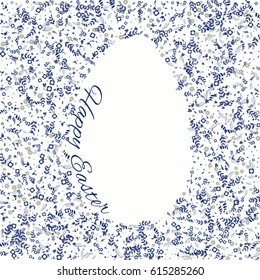 Easter holiday card with white egg on  background with  scattered flowers, leafs and butterflies and greeting text.
