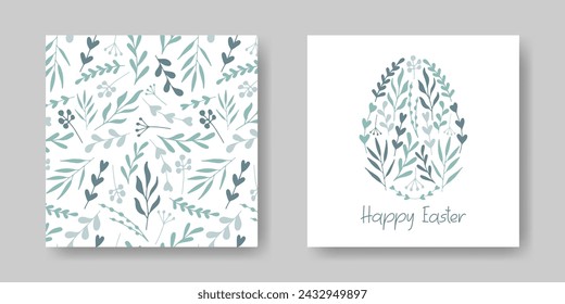 Easter holiday Cards set. Silhouette of Easter Egg from Plants. Hand drawn Green natural branches decoration. Eco concept Botanical seasonal Background. Traditional Minimalist illustration