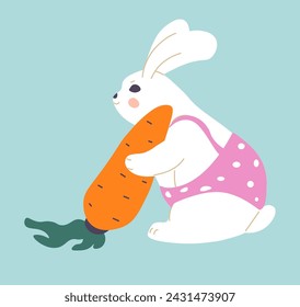 Easter holiday celebration and greeting. Isolated cute rabbit with huge carrot. Hare jumping and playing with vegetable. Card with bunny wearing clothes with polka dots print. Vector in flat style