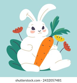 Easter holiday celebration and greeting. Isolated cute rabbit with huge carrot sitting on leaf and flowers in blossom. Card with foliage, floral spring decoration. Vector in flat style illustration