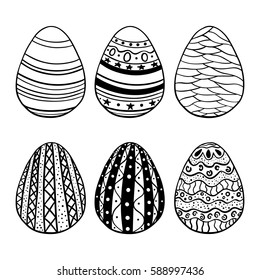 Easter holiday celebration. Hand drawn ornamental eggs set. Design for banner, poster, photo overlay, apparel design. Vector illustration isolated on white background.
