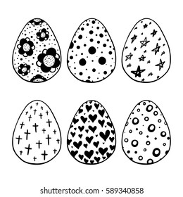 Easter holiday celebration. Hand drawn ornamental eggs set. Design for banner, poster, photo overlay, apparel design. Vector illustration isolated on white background.