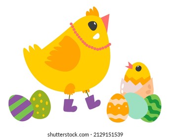 Easter holiday celebration, isolated hen in boots and small newborn chicken in shell. Colored and painted eggs for spring religious event. Greetings and festivity for all. Vector in flat style