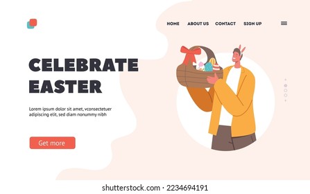 Easter Holiday Celebration Landing Page Template. Adult Man with Painted Egg in Wicker Basket. Male Character with Decorated Eggs Prepare for Amusement Event. Cartoon People Vector Illustration