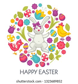Easter holiday celebration symbolic animals and food vector bunny and color eggs chicken and bird tulip flowers Christian religious holiday celebration and congratulation greeting card and wish