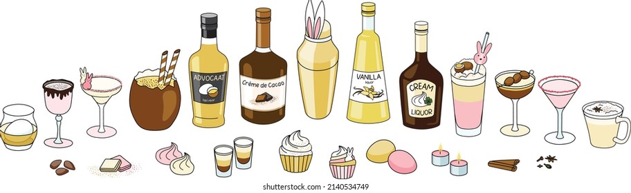 Easter holiday cocktail collection set. Cute pink and yellow drinks in glasses decorated with sugar bunnies and chocolate eggs, sweet liquor bottles, bar shaker. Cartoon doodle style illustration.