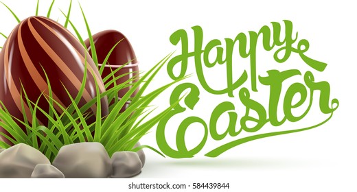 Easter holiday colorful postcard with decorated chocolate eggs hiding in green grass and stones around, vector realistic illustration with green greeting lettering