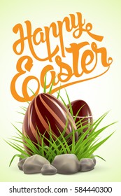 Easter holiday colorful postcard with decorated chocolate eggs hiding in green grass and stones around, vector realistic illustration with greeting lettering