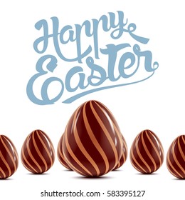 Easter holiday colorful postcard with small decorated chocolate eggs around big one isolated on white background, vector realistic illustration with greeting lettering