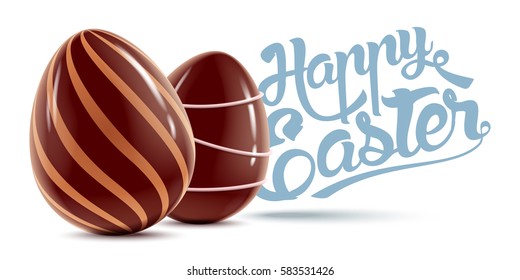 Easter holiday colorful postcard with two decorated chocolate eggs isolated on white background, vector realistic illustration with greeting lettering