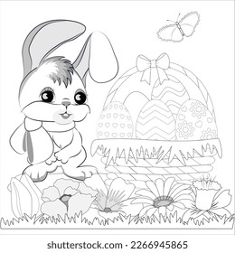 Página del libro de colorear de las vacaciones de Semana Santa. Conejo alegre y lindo con huevos de Pascua en una canasta de mimbre. Ilustración vectorial.
