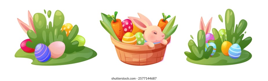 Easter holiday composition set - decorative wicker basket with pink bunny, fresh carrots, painted textured eggs hidden in spring greenery. Traditional festive collection for spring celebration.