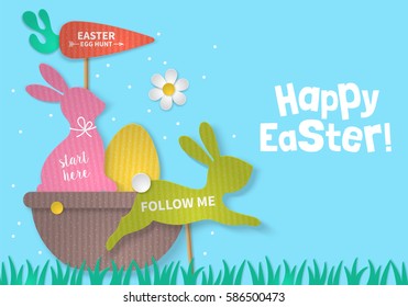 Easter holiday concept with bunny, egg and basket cardboard paper silhouette. Realistic vector illustration