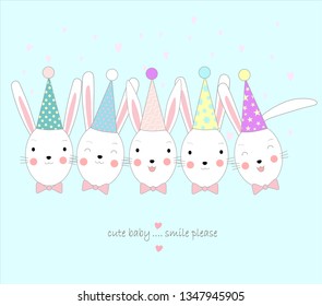 Easter holiday concept with cute handmade eggs, bunny, chicks and party hats. cartoon sketch animal style