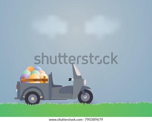 Easter holiday concept with egg on mini\
truck with three wheels,Vector and\
illustration.