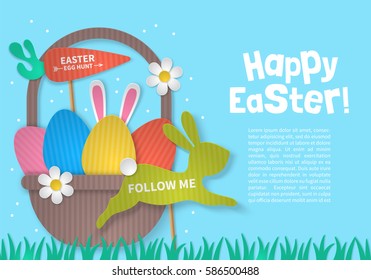 Easter holiday concept with eggs basket and bunny cardboard paper silhouette. Realistic vector illustration