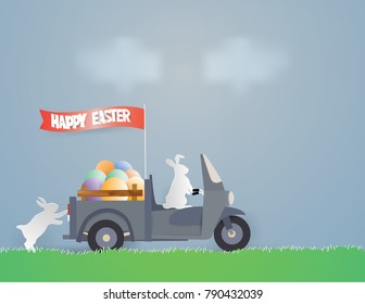 Easter holiday concept with Rabbit riding a car with eggs on the box in the spring season,Vector and illustration.