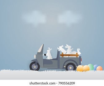 Easter holiday concept with Rabbit riding a car on gray grass  in the spring season,Vector and illustration.