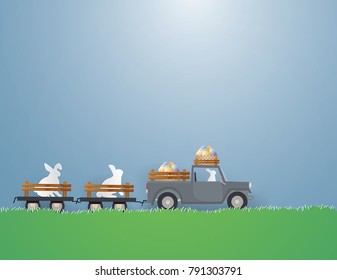 Easter holiday concept with Rabbit riding a car on green grass and eggs in wooden basket in the spring season,Vector and illustration.